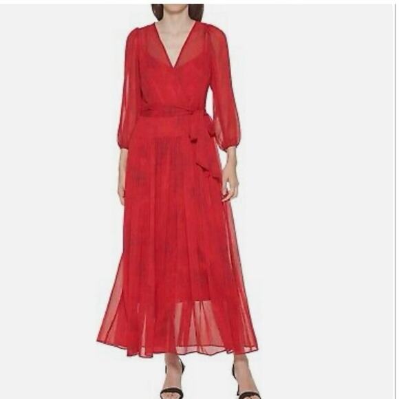 Calvin Klein Dresses & Skirts - Calvin Klein tie dye Red Chiffon Maxi Dress size 8 whimsical tiered flowy Gown